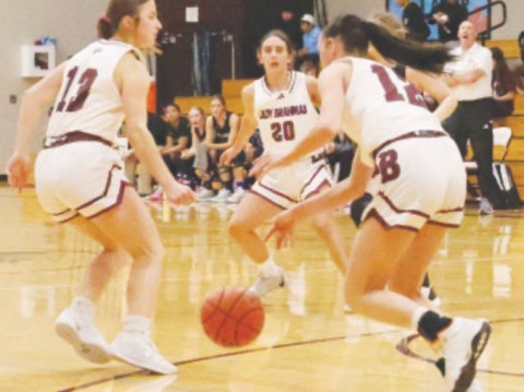Alaina Halata, right, scored 21 points and Addison Matula, left , scored 13 points in the Lady Brahmas’ 44-30 victory over Palacios Tuesday, Feb. 4w in Palacios. Chuck Grafe/Tribune-Herald