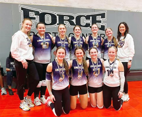 Bottom row  from left are Madi Hubbard, Taylor Kocian, Savannah Durrett and Tinsley Vasek. Top row from left are coach Charissa Christensen, Jessica Whiddon, Alexis Malina, Whitley Lyons, Stella Clifford, Madison Coburn and coach Leigh Ann Vasek. Photo courtesy of Leigh Ann Vasek.