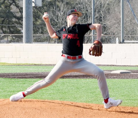 Jack Leonard throws a pitch against Tidehaven Friday in the Sacred Heart Tournament. Photo by Mark Lube.