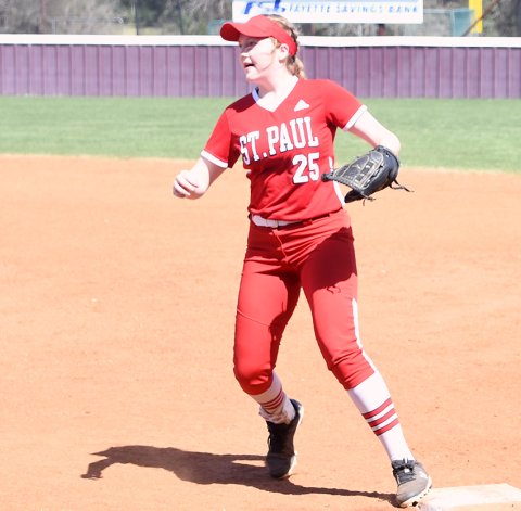 Addy Matias steps on first base for an unassisted putout against Yoakum last Thursday. Photo by Mark Lube.