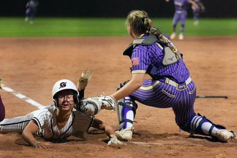Shiner catcher Kailey Boedeker tags out Ganado’s Hallie Bures in the fourth inning to end the half inning. Photo courtesy of Howard Esse.