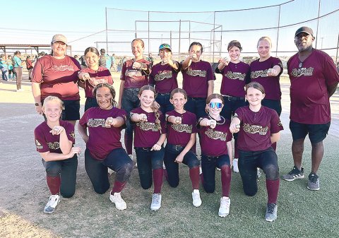 Bottom row from left are Tenley Wagner, Patricia Price, Harper Patek, Reese Blaschke, Maggie Watkins and Reese Lyons. Top row from left are coach Amanda Ulcak, Amara Cuevas ,Miah Rother, Addison Ulcak, Maddie Garza, Ally Trojcak, Charlotte Hairell and coach Gilbert Price. Photo courtesy of Michelle Price.