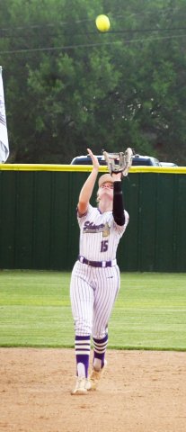 Second baseman Hailey Radicke is about to make a putout against Flatonia on March 31. Photo by Mark Lube.