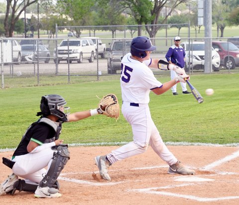 Catcher Jacob Nerada bats the ball in the first inning. He got a two-out single here. Photo by Mark Lube.  