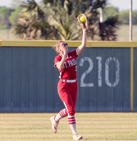 Alyssa Jasek makes a play in the field in Thursday’s game against SH. She had one putout and one assist. Photo courtesy of Photos by Lori Raabe. 