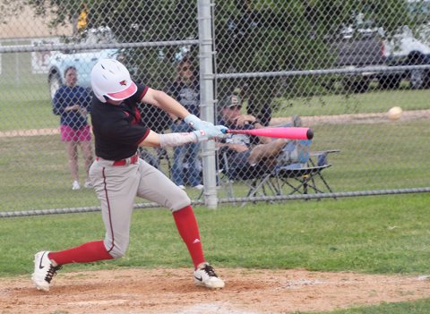 Blaine Humes swings at a pitch against Baytown Christian. He was 1-for-3, scored a pair of runs, brought in one run and stole one base.  Photo by Mark Lube.