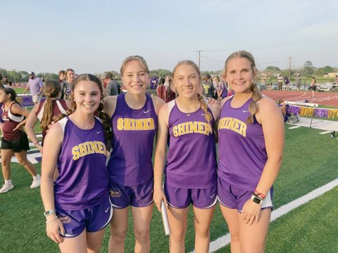 Shiner Lady Braves 8th Grade 800-meter relay team from left are Mallory Johnson, Alena Winkenwerder, Alexis Malina and Kenzie Springfield. Photo courtesy of Kristi Peterson. 