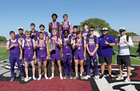 Boys area meet champions Shiner Comanches with coaches Jacob Gutierrez and Connor Stefka. Photo courtesy of Kristi Peterson.