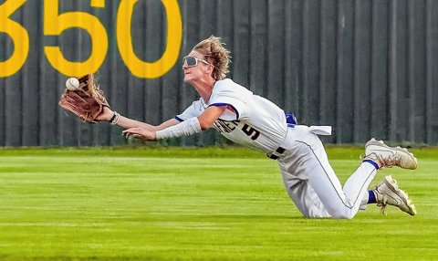 Boe Boehm with quite the acrobatic, diving catch for an out in Shiner’s warmup game at home against Kenedy on April 28. Photo courtesy of Howard Esse.