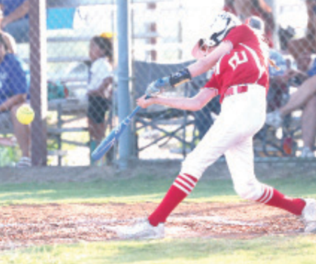 Photo by Chuck Grafe Baye Shimek hits an RBI single in the second inning. Baye had two hits and drew a walk.