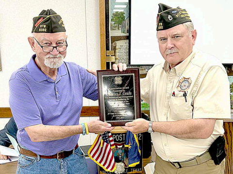 Long-time member of the Lavaca Memorial Veterans of Foreign Wars Post 6382, Chuck Grafe, was recognized Wednesday night, June 11 at its meeting for his meritorious and dedicated service to the organization. Grafe served as its adjutant (secretary) for 29 years and has also held every office in the local VFW, including its Commander from 2015-16. Receiving the honored plaque is Grafe (left) that is being presented by outgoing commander Kevin Bright. Contributed photo