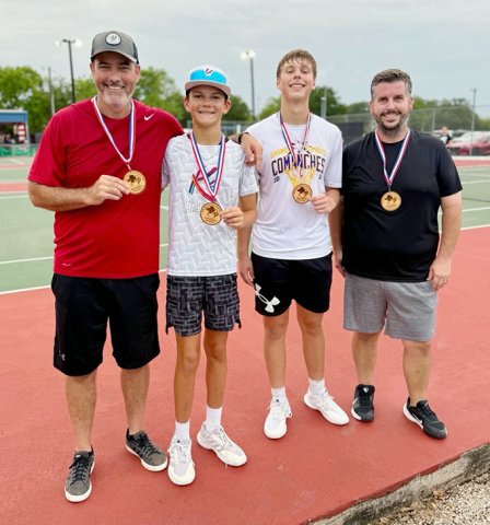 Half Moon Holidays Tennis Tournament. Men’s Doubles Runners-Up are Wade Johnson,Sr. (left) and Wade Johnson,Jr. (second from left). Men’s Doubles Champions are Carson Brown (second from right) and Zach Sims (right). Photo courtesy of Courtney Johnson.