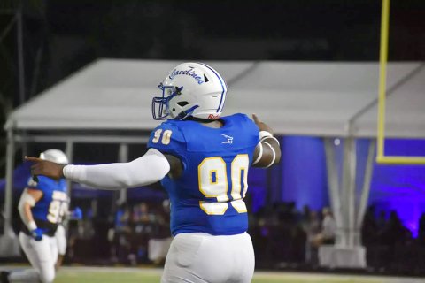 Junior defensive lineman Doug Brooks in action for the Javelinas during the 2024 season. Photo courtesy of TAMUK Athletic Department.