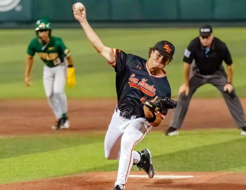 Sam Houston State University pitcher and 2022 St. Paul graduate Zak Johnson throws a pitch in the April 29 home game against Baylor, one of his 21 appearances for the Bearkats during the 2025 season. Photo courtesy of Sarah Kronschnabl.
