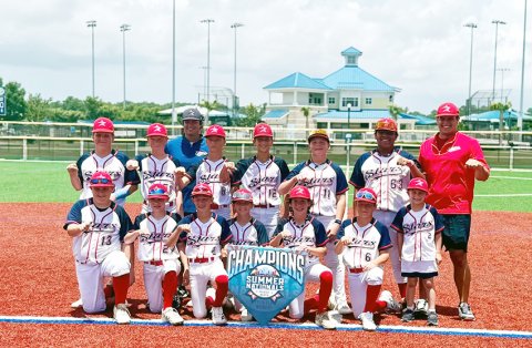 The Shiner Stars baseball team 12-year-old ran the table with seven wins and no losses in the Triple Crown World Series Title in South Carolina. Front row from left are  Payten McCord, Nicholas Simper, Landon Chovanetz, Ryder Robinson, Kolt McFarlin and Ayden McCord; Back row from left are  Stryker Owens, Jase Peters, Coach Cole Hybner, Easton McCain, Cullen Machicek, Evan Jahns, Alonzoe Saldana and Coach Blue Hybner. Standing in front of Coach Blue Hybner is bat boy Jake Simper. 