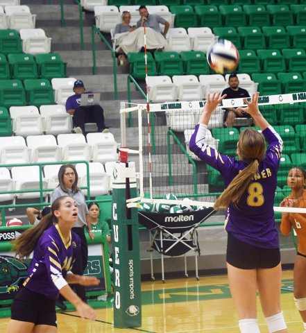 Paisly Wallace makes a set with Kayden Smith (left) as a possible target during Shiner’s Cuero Classic Tournament match with Beeville Jones Thursday morning. Photo by Mark Lube.