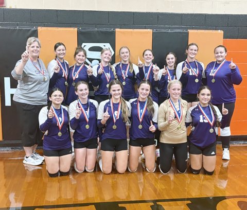 Shiner JV Purple Schulenburg Tournament 2025 champions. Front row from left are Reagan Robles, Savannah Durrett, Taylor Kocian, Madi Hubbard, Tinsley Vasek and Allie Garcia. Back row from left are coach Kristi Peterson, Adalyn Migl, Dannica Beinhauer, Madison Coburn, Alexis Malina, Whitley Lyons, Mallory Johnson, Stella Clifford and Jessica Whiddon. Photo courtesy of Karri Kocian. 
