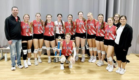 The Lady Cardinals took first place in the Silver bracket at the San Marcos Hill Country Tournament while displaying their brand-new uniforms. Kneeling is Riley Mozisek. Back row from left are Max Bergkamp (head coach), Sloane Kocian, Skylar Mozisek, Annabelle Collins, Tatum Walker, Faith Brown, Addy Matias, Emery Kennedy, Reese Chilek, Lexie Ulcak, Frances Filip (manager) and Nicco Brown (assistant coach). Photo courtesy of Shiner Catholic School. 