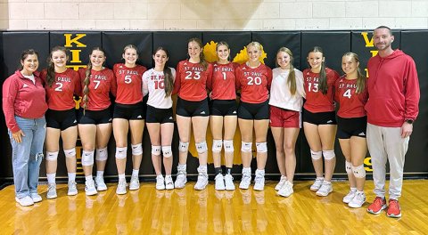 St. Paul Lady Cardinals Yorktown Tournament 2025 runner up. From left are Nicco Brown (assistant coach), Annabelle Collins, Faith Brown, Skylar Mozisek, Tatum Walker, Addy Matias, Riley Mozisek, Sloane Kocian, Reese Chilek, Lexie Ulcak and Max Bergkamp (head coach). Photo courtesy of Max Bergkamp.