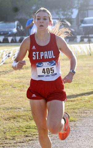 Kristin Cerny was the St. Paul girls top finisher with second place to help her team win the varsity girls 1A-2A race at the Moulton meet Saturday. Photo by Mark Lube.