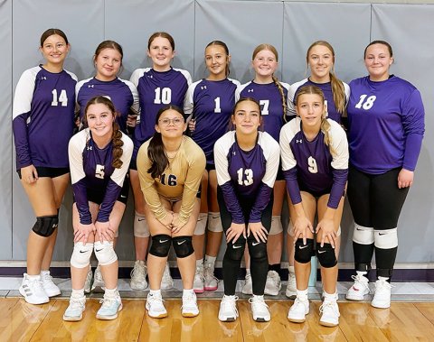 The 2025 Shiner JV Purple volleyball team went 9-for-9 in district matches and was 18-3 overall. Back row from left are Adalyn Migl, Dannica Beinhauer, Whitley Lyons,Chloe Matula, Madison Coburn, Alexis Malina and Jessica Whiddon. Front row from left are Mallory Johnson,Reagan Robles, Allie Garcia and Kaysen Fleeman. Photo courtesy of Hannah Smith.