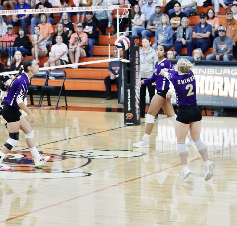 Addie Prove with one of her two digs against Schulenburg Oct. 14. Photo by Louann Heinsohn.