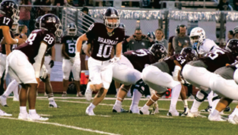 Mycole Pegoda (10) goes in motion prior to quarterback Wyatt Kram (17) taking the snap. Mycole had 132 scrimmage yards and scored two touchdowns.