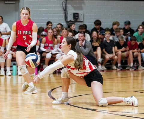 Tatum Walker (foreground) gets a defensive touch while Skylar Mozisek provides support Nov. 4 against Conroe Calvary Baptist. Photo courtesy of Photos by Lori Raabe.