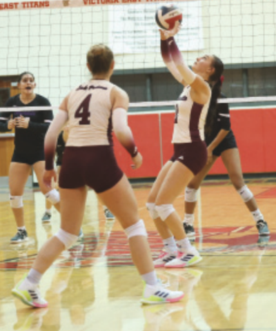 Photos by Chuck Grafe Lady Brahma seniors Alaina Halata, left, and Haven Drozd, right, in action against Stockdale