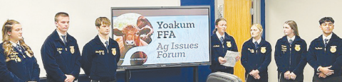 In preparation for the upcoming Area competition, the Yoakum FFA Chapter Ag Issues Team present their thesis to the Yoakum ISD School Board. Photo by Clayton Kelley.