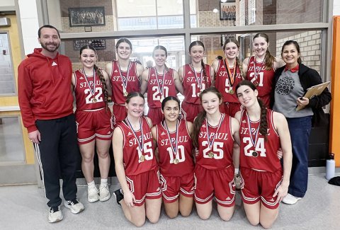 The Lady Cardinals basketball team won the Silver Bracket last weekend at the Schulenburg Tournament. Bottom row from left are McKinley Jacobs, Emori Rodriguez, Annabelle Collins and Ashlin DeSarro. Top row from left are head coach Max Bergkamp, Faith Brown, Riley Mozisek, Kristin Cerny, Reese Chilek, Skylar Mozisek, Addy Matias and assistant coach Nicco Brown. Photo courtesy of Max Bergkamp.