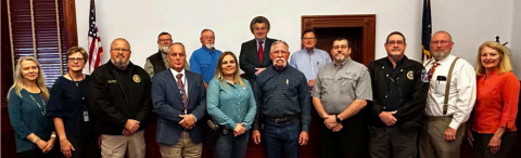 Dickson Allen donation: At Monday’s Dec. 22 Lavaca County Commissioners’ Court meeting, the court accepted a kind donation from the Dickson Allen Foundation. The donation will fund the addition of a mental health wellness deputy and caseworker for the Lavaca County Sheriff’s Office. Front from left are members of the Lavaca County Law Enforcement Mental Health Wellness Initiative and county officials who include Lori Wenske (district clerk), Barbara Steffek (county clerk), Daniel Beyer (Moulton PD chief)...