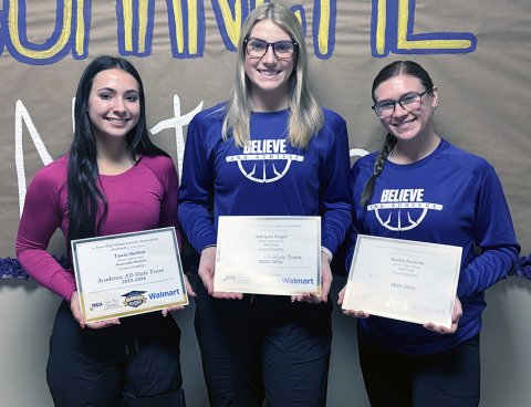 Texas High School Coaches Association (TGCA) Academic All-State Cross-Country and Support Team Shiner winners. From left are Tawni Shelton (Honorable Mention), Addy Siegel (Second Team) and Hailey Radicke (Second Team). Photo courtesy of Michelle Winkenwerder.
