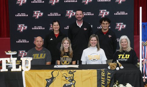 Kristin Cerny signed with Texas Lutheran University for Track and Field on Feb. 9. Seated from left  are Matt Cerny, Kristin Cerny, Bridgette Cerny and Nancy Hajovsky. Standing from left are Nicco Brown, Max Bergkamp and Corey Anzuldua. Photo by Mark Lube.