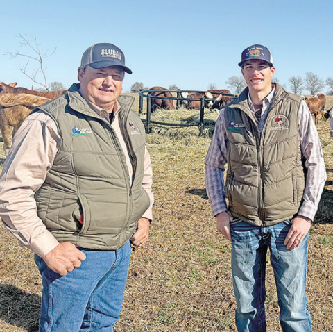 ERVIN “SPROUT” Bludau and his son Colton Bludau are pictured with these heifers at their ranch in Hallettsville.