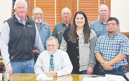 DeWitt County Commissioners made a proclamation declaring the week of Feb. 28 as Youth Livestock Show Week (YLSW). Pictured from left to right are Livestock Show Representative Anthony Netardus, Commissioner James Kaiser, Judge Daryl Fowler, Commissioner James Pilchiek, Livestock Show Representative Candace Williams, and commissioners Brian Carson and Ryan Varela. 