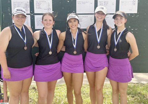 The Lady Comanches golf team got third at the Sacred Heart tournament last week. From left are Jessica Whiddon, Whitley Lyons, Jaleigh Ramirez, Evy Johnson and Raleigh Moore. Not pictured are individual golfers Maddie Collins, Reagan Robles and Tinsley Vasek. Photo courtesy of Michelle Winkenwerder.