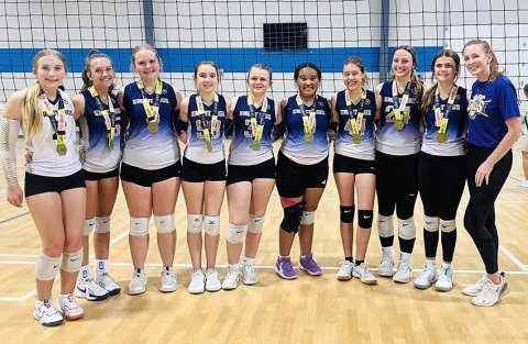 From left are Pyper Neskora, Addison Ulcak, Charlotte Hairell, Hailey Malina, Reese Lyons, Patricia Price, Ally Trojcak, Eastyn Pohler  Bree Nitsch and coach Charissa Christensen. Photo courtesy of Michelle Price.