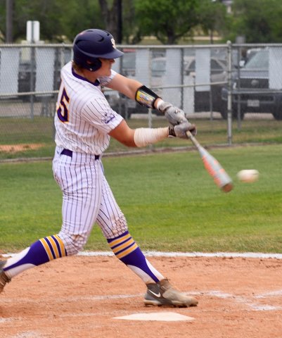 Catcher Jacob Nerada with a first-inning hit that turned into an RBI single. He also hit a double and brought home three total runs. Photo by Mark Lube.