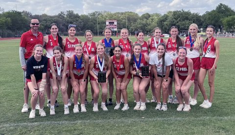 The Lady Cardinals are TAPPS 2A-3 track and field champions. Photo courtesy of Shiner Catholic School.