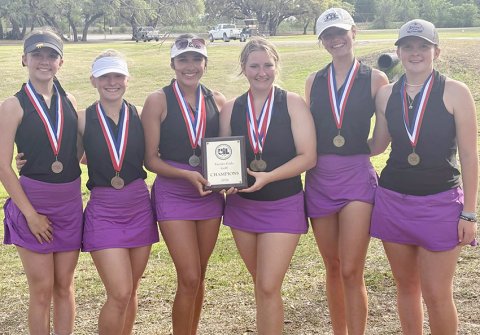The district champions Shiner A team second from left are Addie Prove, Jaeleigh Ramirez, Olivia Akin, Evy Johnson and Whitley Lyons. Also shown is Raleigh Moore (left, regional qualifier). Not shown is regional alternate Jessica Whiddon. Photo courtesy of Michelle Winkenwerder.
