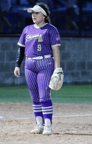 Reagan Fluitt mans third base in the April 14 game at Ganado. Photo courtesy of Louann Heinsohn.