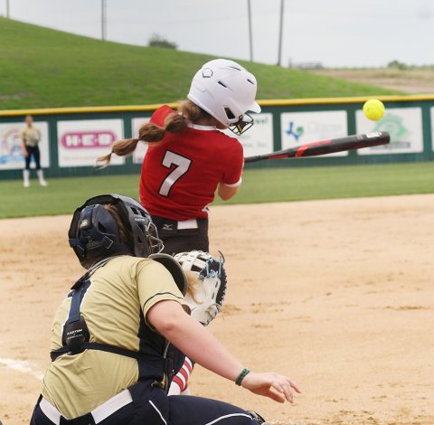 Presley Tuch hits a second-inning double that brought in two runs against HAO.She led St. Paul at the plate with four hits, double, three runs and five RBI. Photo by Mark Lube.
