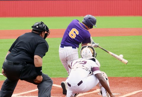Cauy Herman makes contact in the first game. In the second game, he hit a two-run double that ignited the Shiner comeback win. In the series, he was 2-for-7, two runs, double and two RBI.  Photo by Mark Lube.