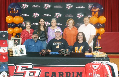 CJ Fogle signed a letter of intent to play baseball at McClennan Community College in Waco at a ceremony on April 27. Seated from left are Jimmy Fogle, CJ Fogle and Stacy Fogle. Top row from left Carrie Oliver, Kenna Oliver, Sarah Fogle, Linda Siptak and Dwayne Siptak. Photo by Mark Lube.