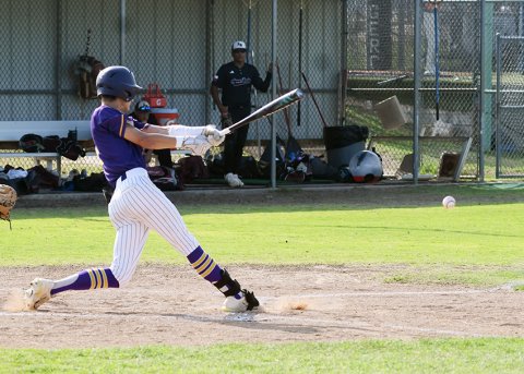 Boe Boehm swings at a pitch during game one. In the series, he was 5-for-8, four runs, double and two RBI. Photo by Mark Lube.