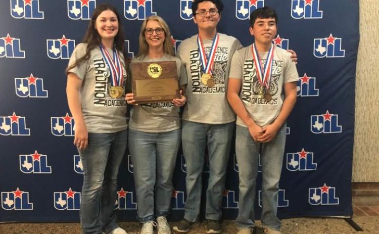 Moulton High School became the two-time, back-to-back Texas Class A State Champion Social Studies Team at the UIL Academics state meet held in Austin on Saturday, May 7.  Team leader Catherine Wenske, at left, was also a gold medalist in the event individually. She's pictured here with team coach Heather Olivarez and teammates Alex Tortoledo and Moises Manzano.