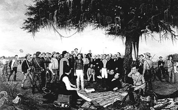 Santa Anna surrenders to a wounded Sam Houston - Courtesy of Texas State Library
