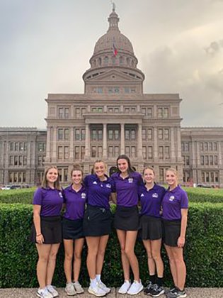 The Lady Comanches take a group photo in front of the Texas State Capitol Building. From left is Brianna Sofka, Lauren Faldyn, Chelsea Whidddon, Morgan Lenehan, Grace Migl and Megan Winkenwerder.Photo courtesy of Michelle Winkenwerder.