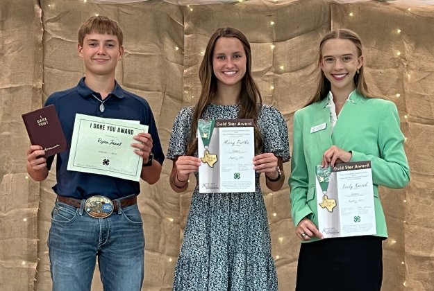 Lavaca County 4-H Award recipients: left to right, Ryan Janak (I Dare You); Macey Pustka (Gold Star), and Keely Knesek (Gold Star).